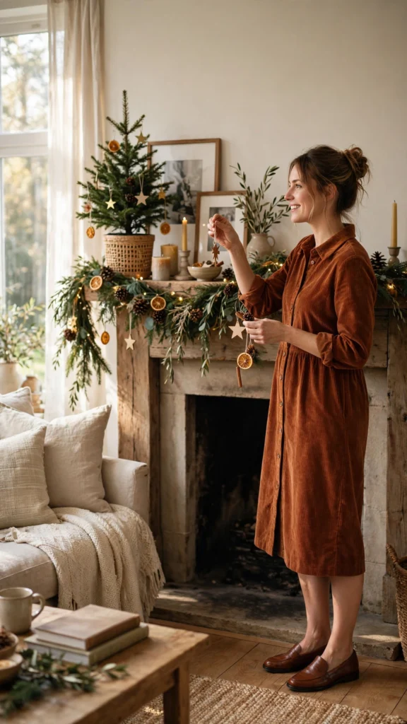 Christmas Outfits Under $40 That Still Feel Festive 7 Woman in a corduroy button-front dress smiling in a festive living room.