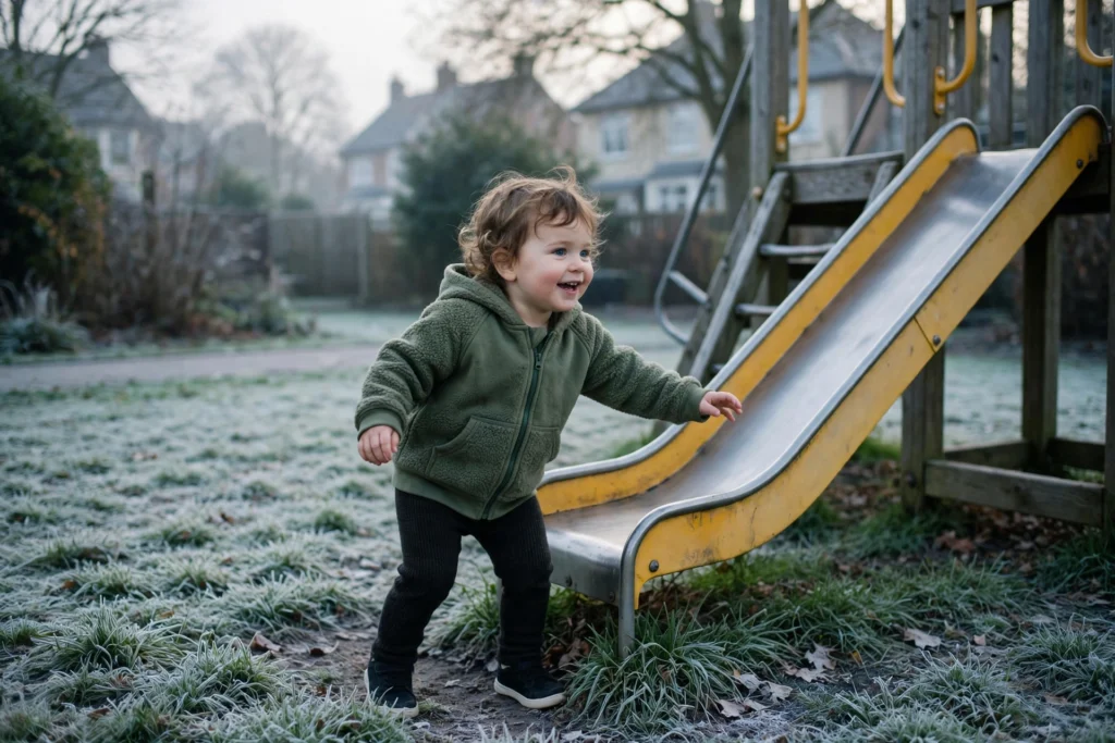 Toddler in a fleece hoodie and knit leggings on a playground in winter