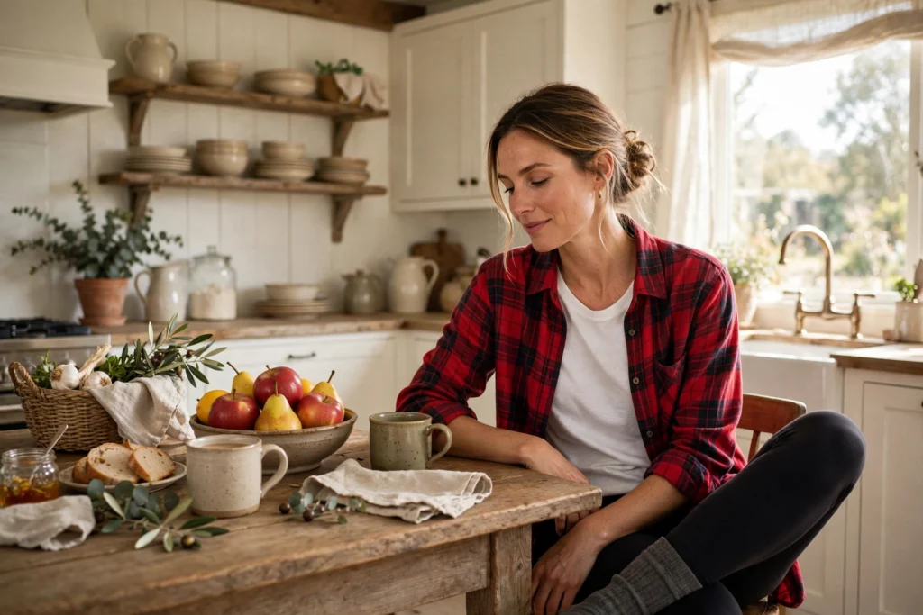 Woman wearing a red plaid flannel shirt with dark leggings.