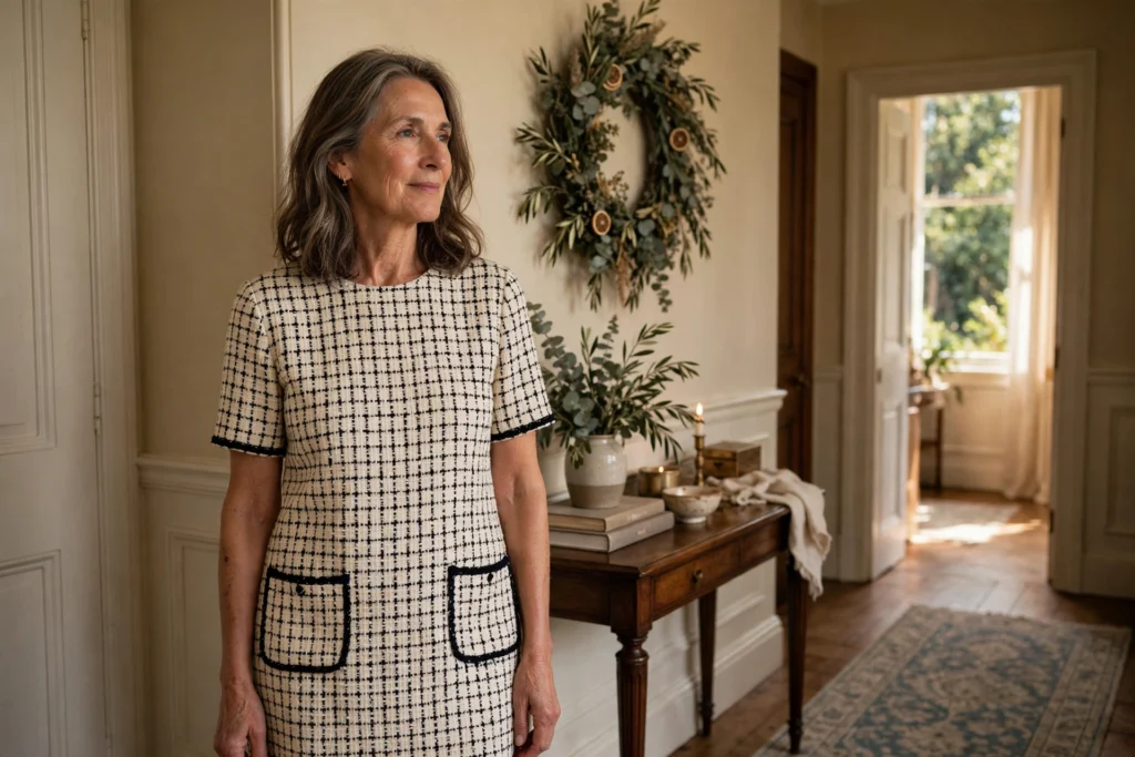 Woman wearing a cream and black tweed shift dress with pocket trim.