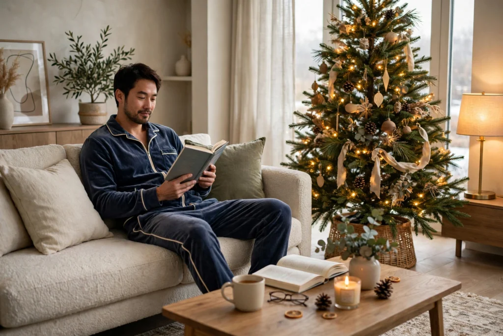 Matching Family Christmas Pajamas for a Cozy Morning Together 7 Man in velour zip-front pajamas relaxing on a sofa with a Christmas tree nearby