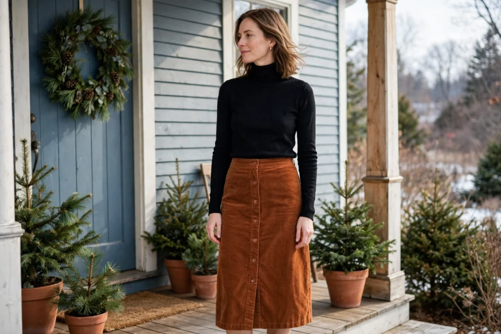 Woman in a rust corduroy button-through skirt with a black turtleneck outside.