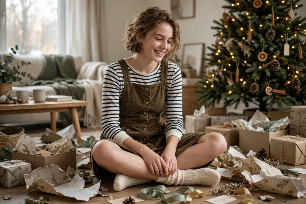 Teen in a corduroy pinafore and striped top sitting among Christmas morning presents.