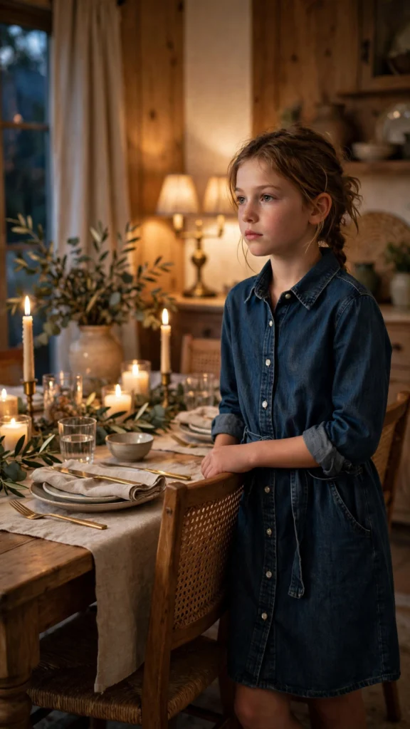 Older child in a denim shirt dress with pearl buttons at a dinner table