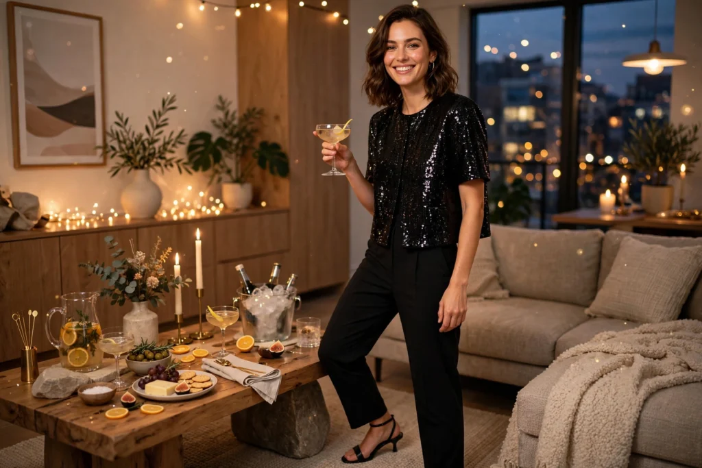 Christmas Outfits Under $40 That Still Feel Festive 8 Woman in a sequin top and straight-leg trousers at an evening party.
