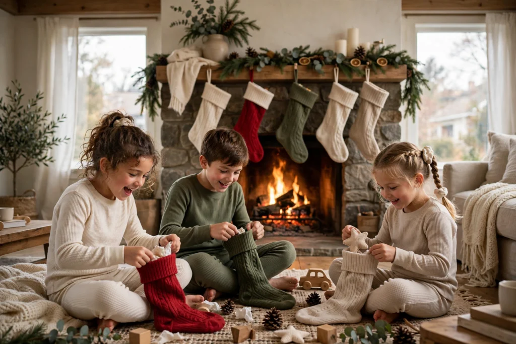 Matching Family Christmas Pajamas for a Cozy Morning Together 8 Children in thermal long john pajamas opening stockings by a fireplace