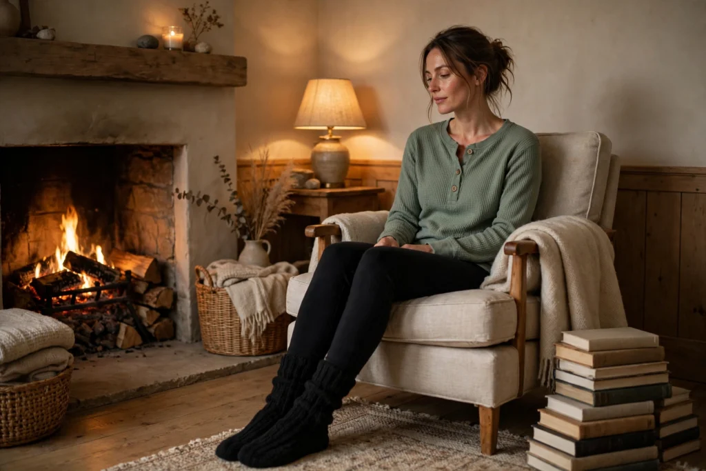 Woman in a sage waffle henley top and fleece leggings by a fire.