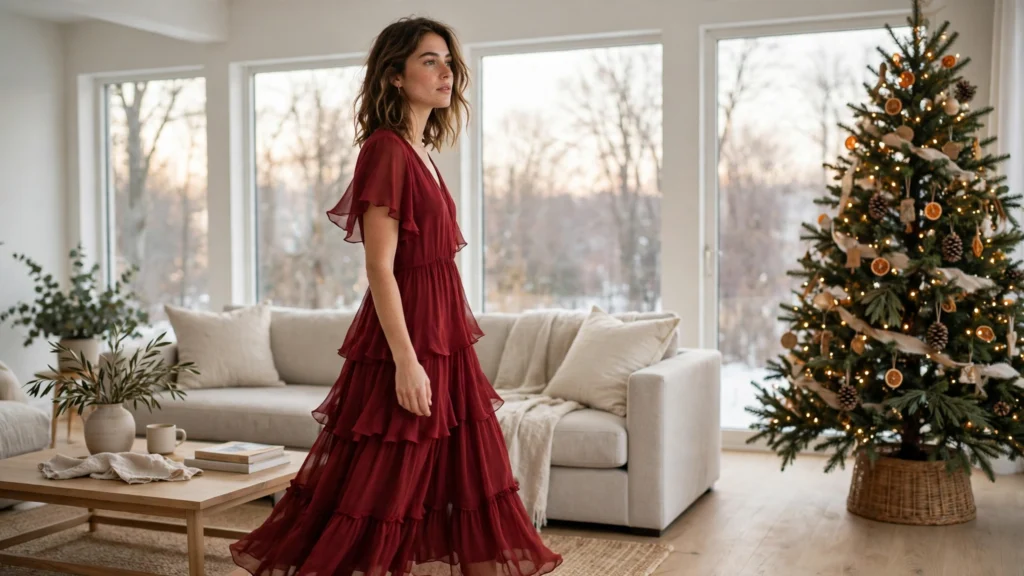 Woman wearing a deep red chiffon tiered maxi dress with flutter sleeves.
