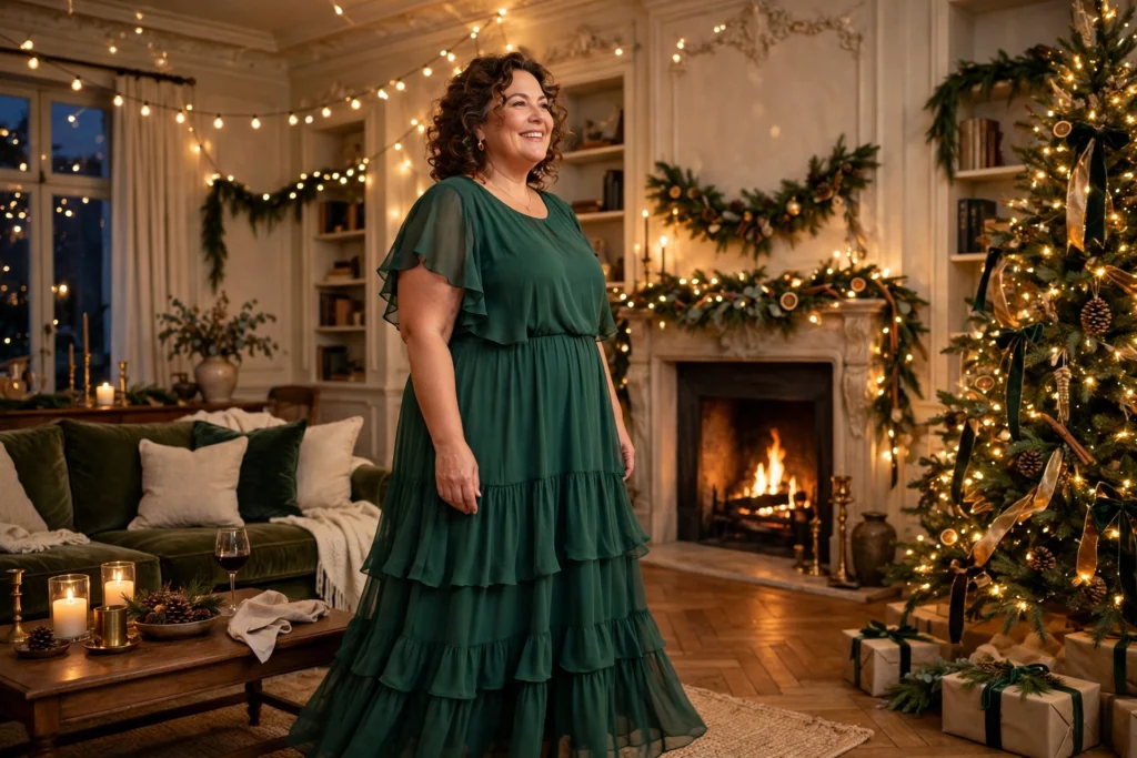 Plus Size Christmas Outfits That Fit and Flatter 9 Woman in a deep green chiffon tiered maxi dress at an evening party