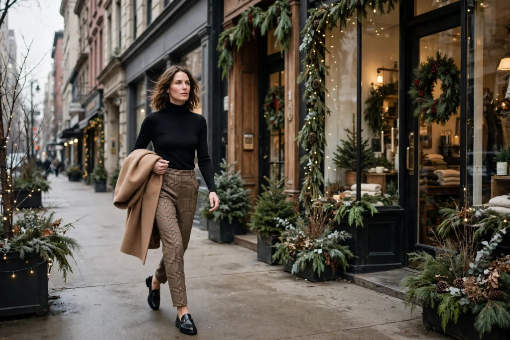 Christmas Outfits Under $40 That Still Feel Festive 9 Woman in plaid tailored trousers and a black top walking downtown.