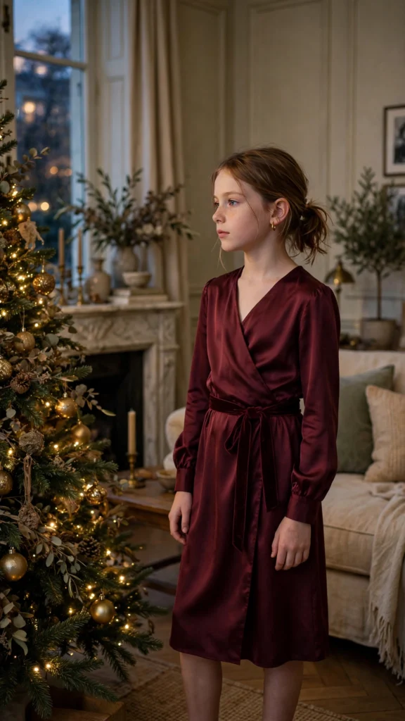 Older child in a satin wrap dress with a velvet ribbon belt indoors