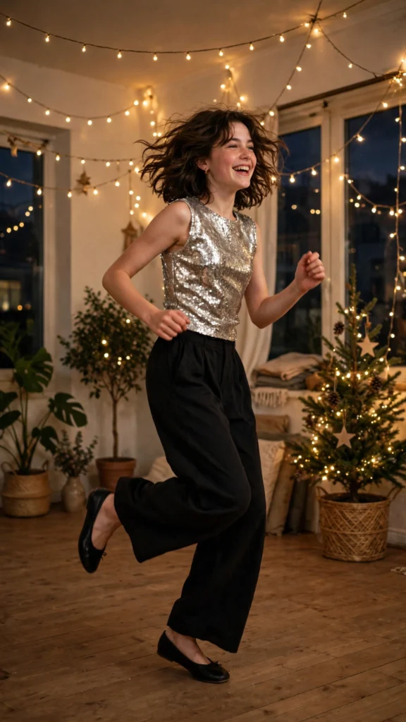 Teen in a sequin top and wide-leg trousers dancing under warm fairy lights.