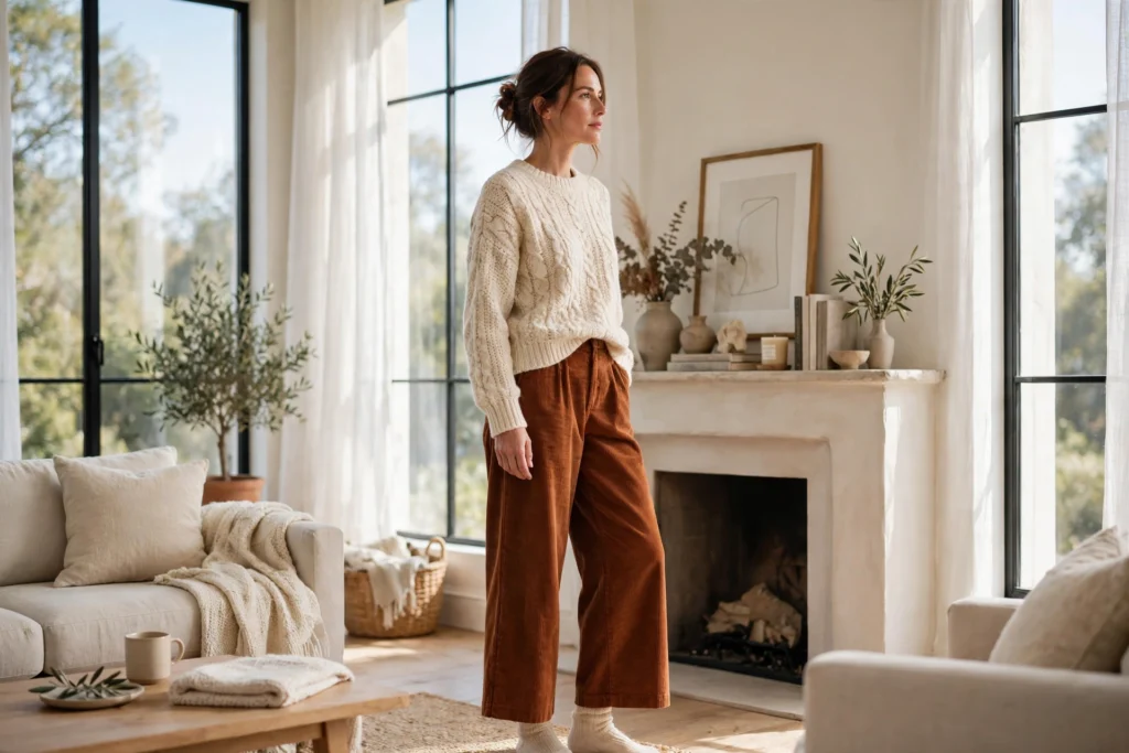 Woman wearing rust wide-leg corduroy trousers with a cream sweater.