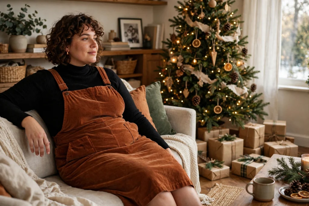 Plus Size Christmas Outfits That Fit and Flatter 10 Woman in a rust corduroy pinafore dress over a black turtleneck indoors