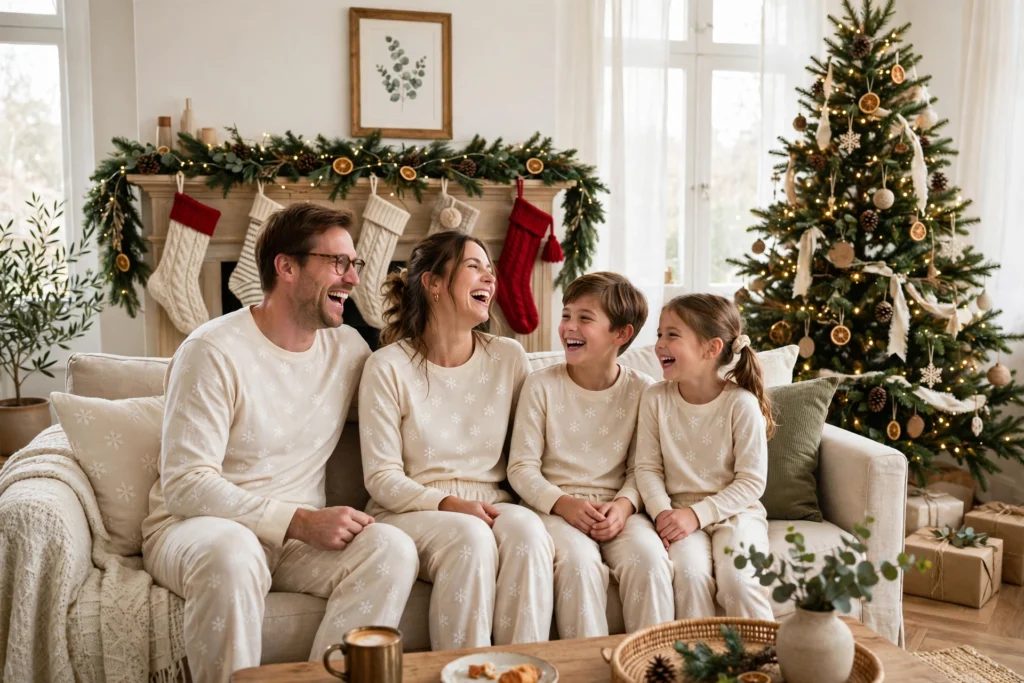 Matching Family Christmas Pajamas for a Cozy Morning Together 10 Family in snowflake cotton pajamas laughing together in a decorated living room
