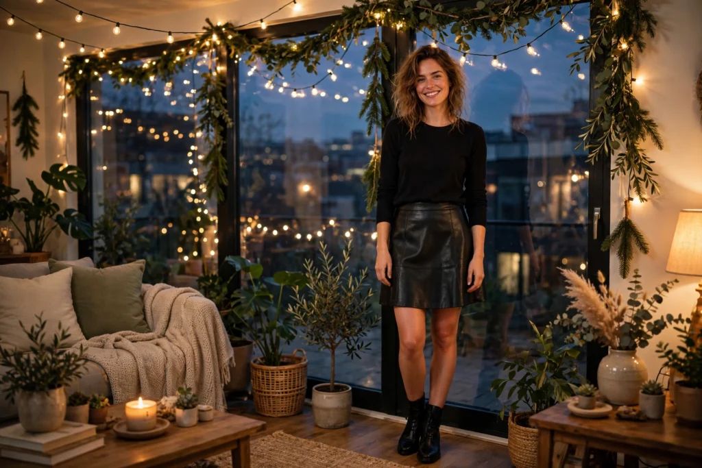 Christmas Outfits Under $40 That Still Feel Festive 10 Woman in a faux leather skirt and black top beside twinkling lights.
