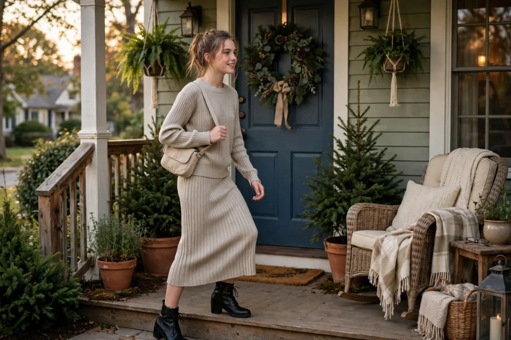 Teen in a ribbed knit co-ord set arriving at a house with a wreath.