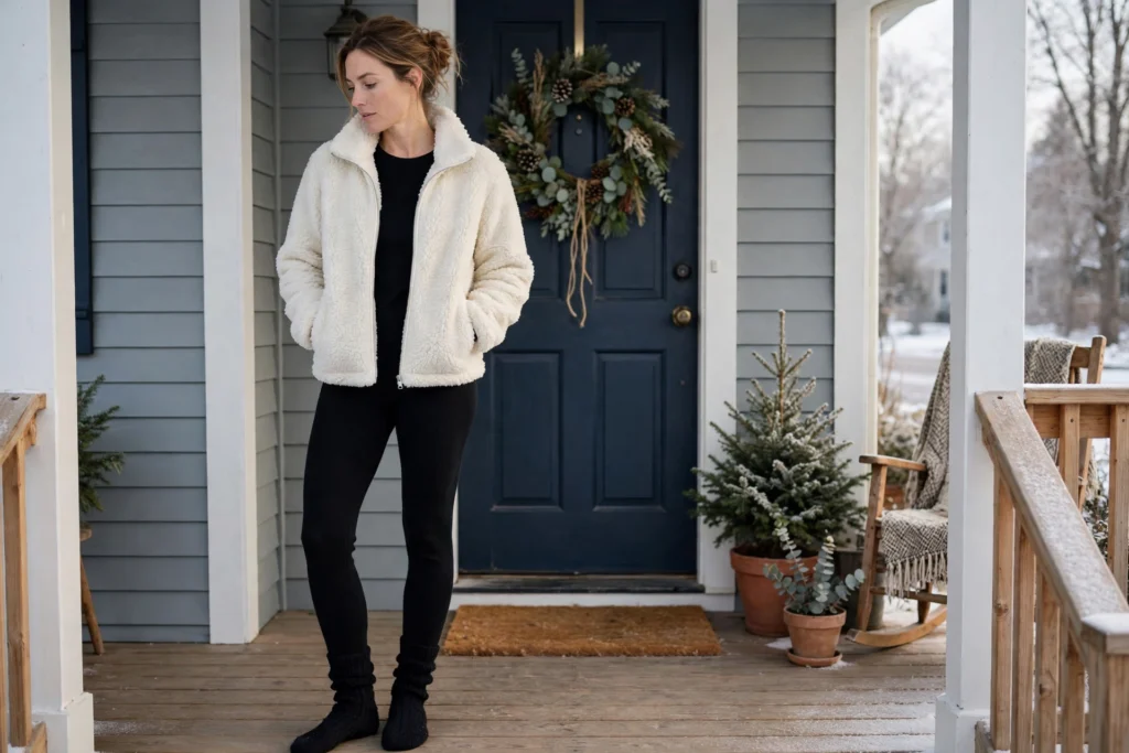 Woman in an ivory sherpa jacket and knit leggings on a porch.