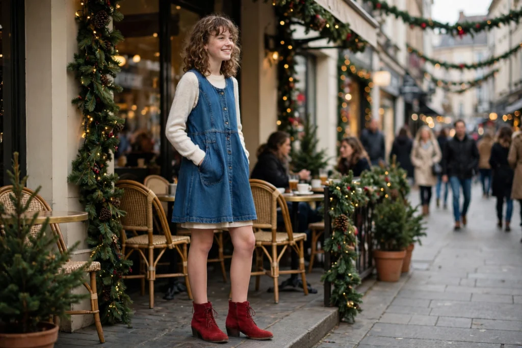 Teen in a denim dress and red ankle boots outside a decorated café.