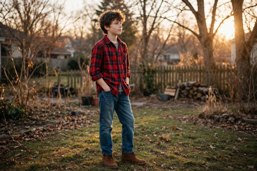 Older child in a flannel plaid shirt and straight jeans in a backyard