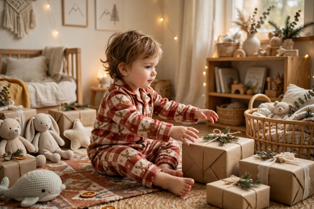 Matching Family Christmas Pajamas for a Cozy Morning Together 11 Toddler in flannel reindeer pajamas sitting on a rug beside wrapped gifts