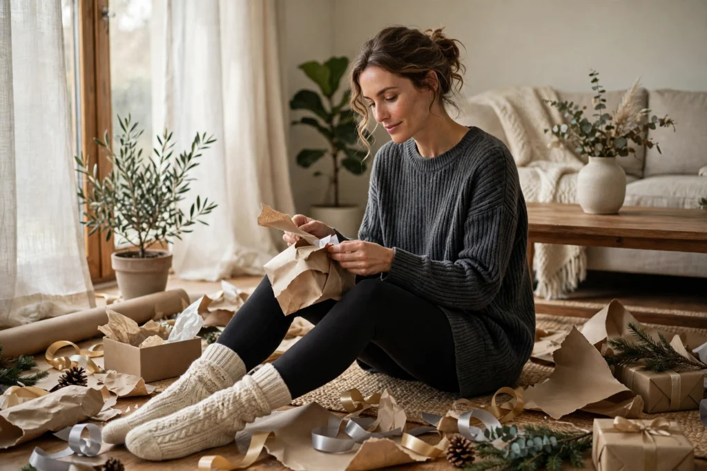 Woman in a charcoal ribbed tunic sweater and black leggings.
