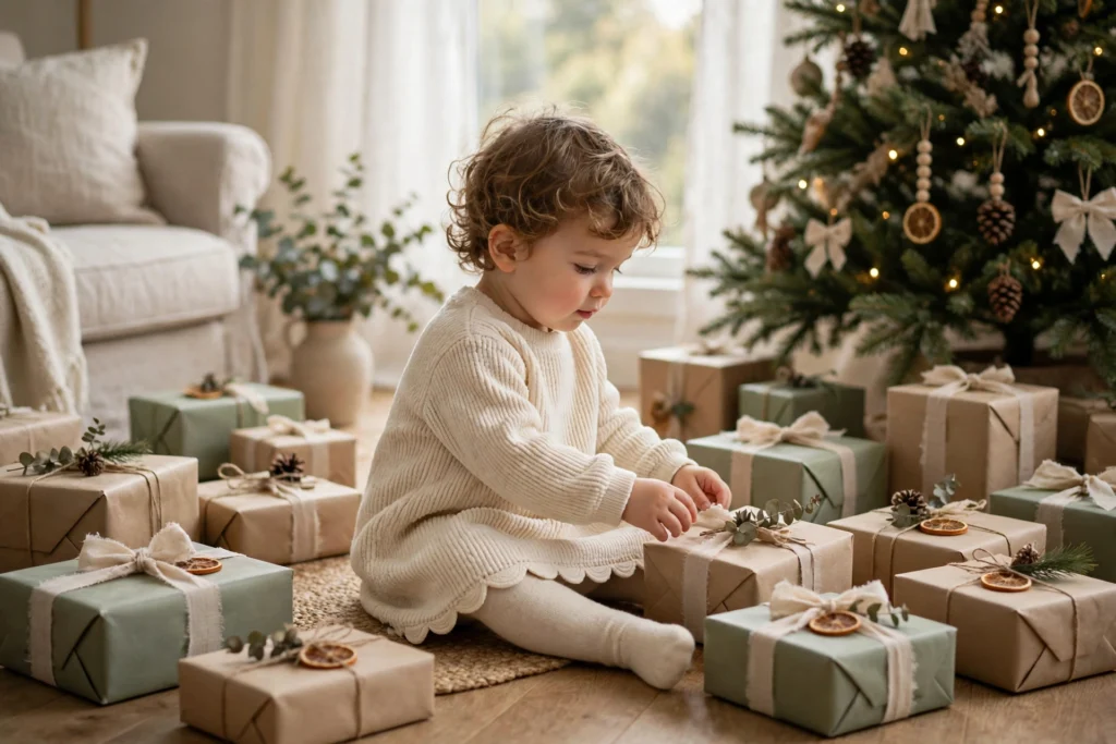 Toddler in a chenille sweater dress with a scalloped hem at home