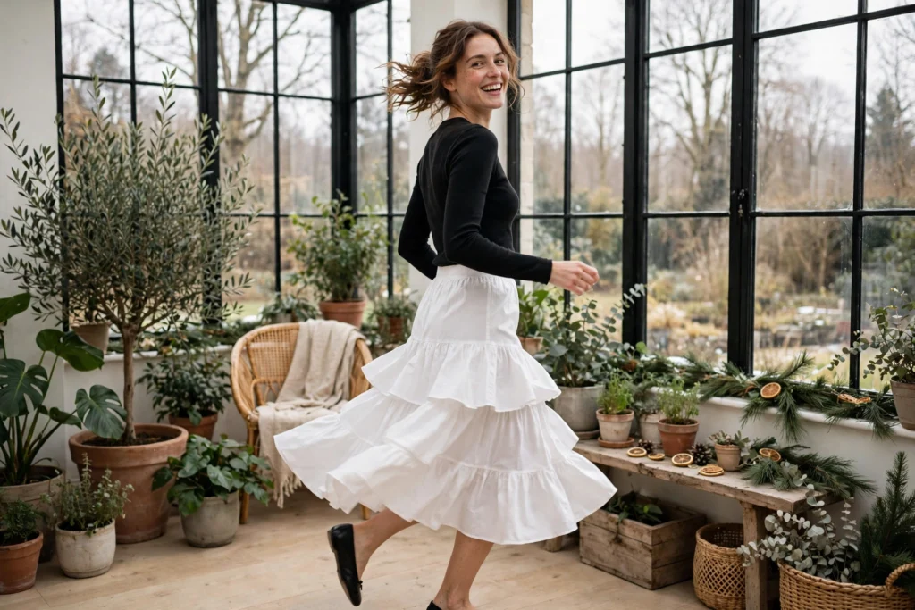 Christmas Outfits Under $40 That Still Feel Festive 12 Woman in a tiered cotton skirt and fitted top twirling in a garden.