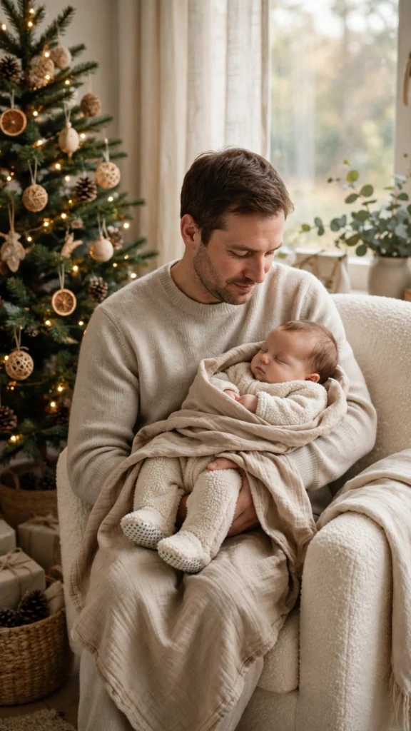 Matching Family Christmas Pajamas for a Cozy Morning Together 12 Baby in a sherpa footed pajama suit resting in a parent's arms by the tree