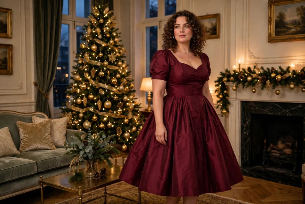 Plus Size Christmas Outfits That Fit and Flatter 12 Woman in a burgundy taffeta A-line dress beside a tall Christmas tree
