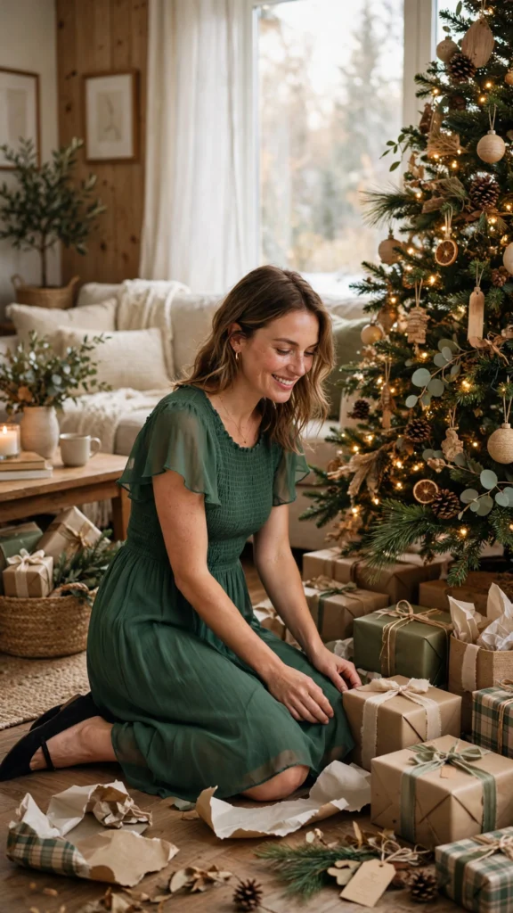 Christmas Outfits Under $40 That Still Feel Festive 13 Woman in a chiffon smocked dress with flutter sleeves opening gifts.