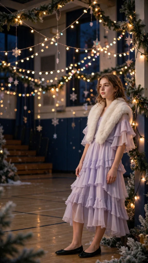 Teen in a chiffon tiered dress and faux fur stole at a winter dance.