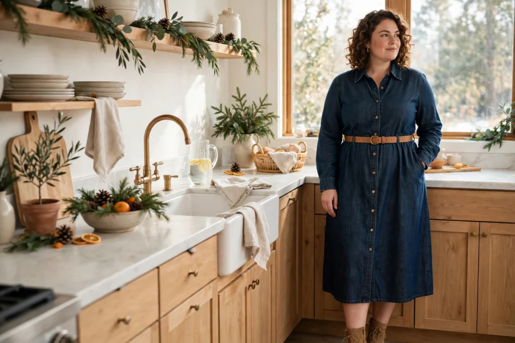 Plus Size Christmas Outfits That Fit and Flatter 13 Woman in a dark denim button-through dress with a tan belt in a kitchen