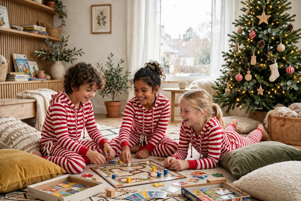 Matching Family Christmas Pajamas for a Cozy Morning Together 13 Children in candy cane striped pajamas playing together near a Christmas tree