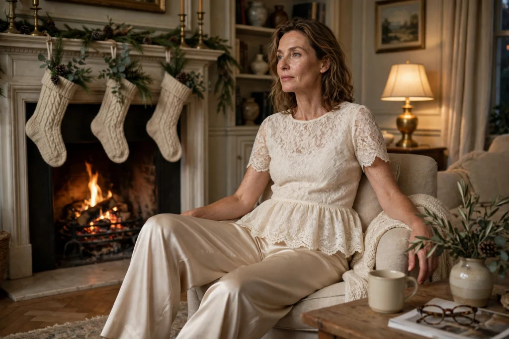 Woman in an ivory lace peplum top and champagne satin wide-leg trousers.