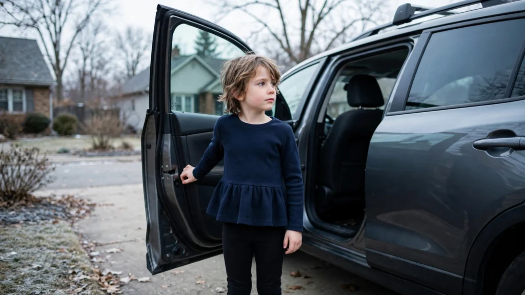 Young child in a ponte peplum top and leggings in a car seat