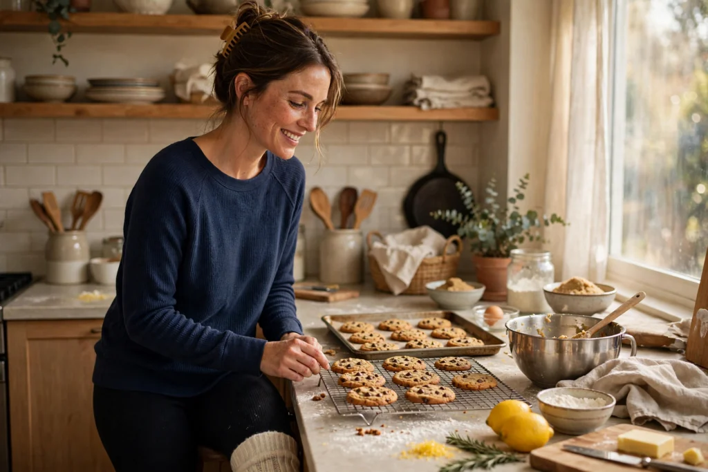 Woman in a navy thermal top and cozy leggings baking.