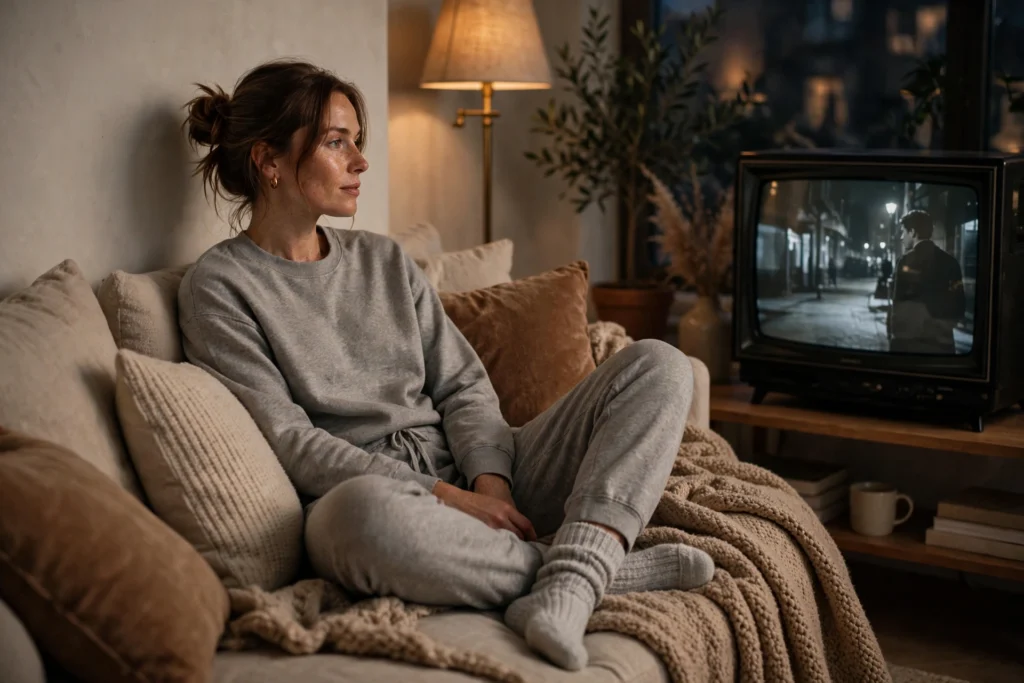 Woman in a soft grey lounge set with cozy socks on a sofa.