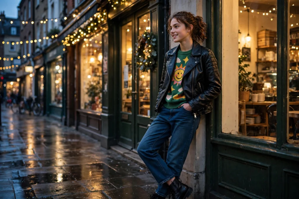 Teen in a moto jacket and graphic sweater posing by glowing Christmas shop windows.