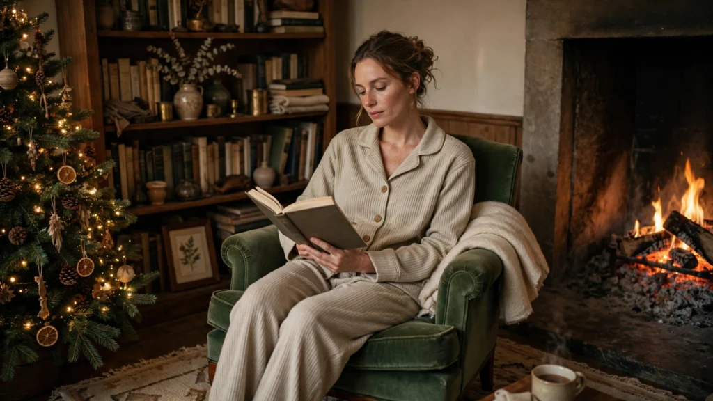Matching Family Christmas Pajamas for a Cozy Morning Together 14 Woman in ribbed shawl-collar pajamas reading beside a fireplace on Christmas morning