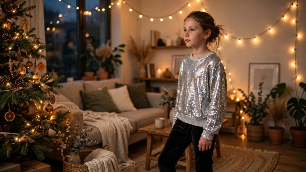 Older child in a sequin knit top and velvet leggings at an evening party