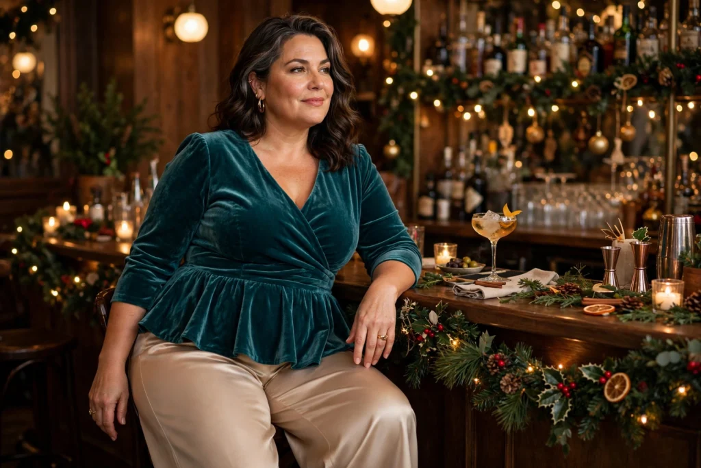 Plus Size Christmas Outfits That Fit and Flatter 14 Woman in a teal velvet peplum top and champagne satin trousers at a bar
