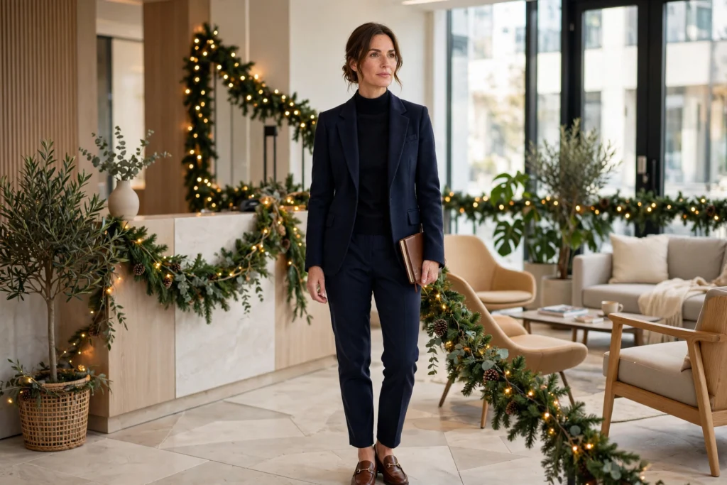 Christmas Outfits Under $40 That Still Feel Festive 14 Woman in a structured wool-blend blazer and tapered trousers at work.