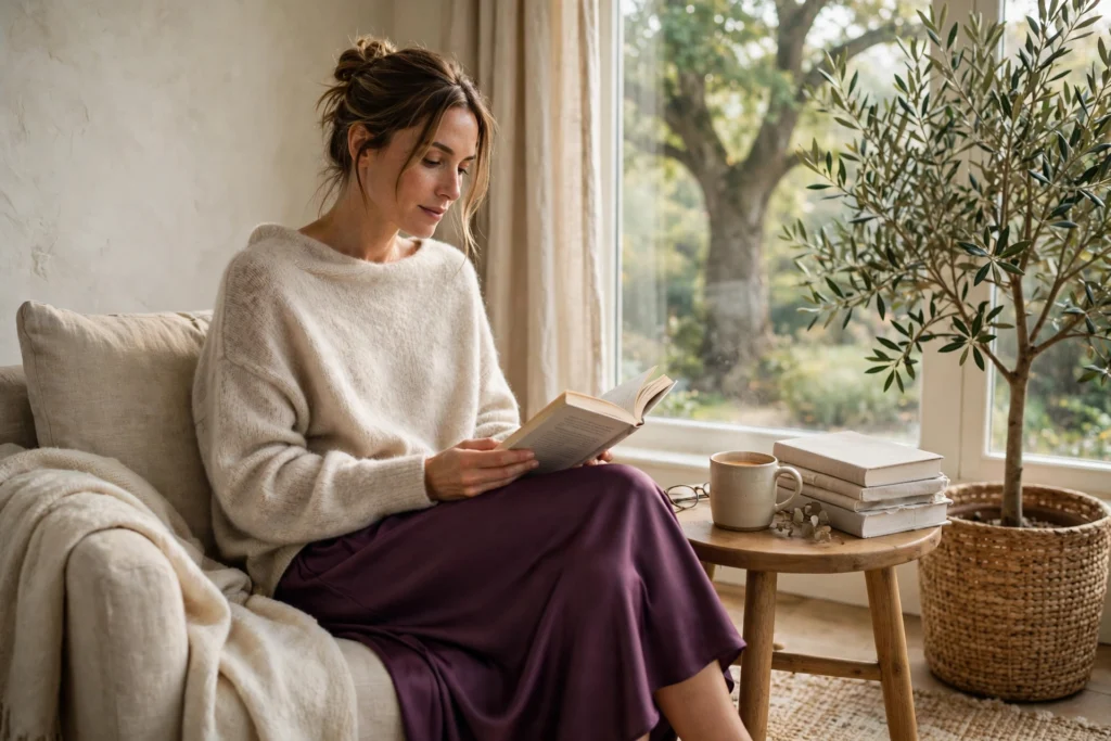 Woman in an oatmeal cashmere sweater over a plum satin midi skirt.