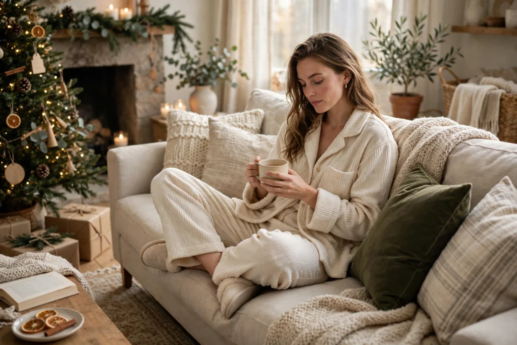 Christmas Outfits Under $40 That Still Feel Festive 15 Woman in a chenille co-ord relaxing on a sofa on Christmas morning.