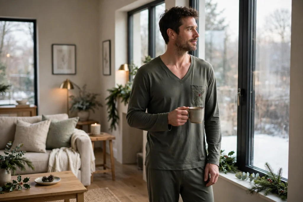 Matching Family Christmas Pajamas for a Cozy Morning Together 15 Man in modal V-neck pajamas with holly embroidery holding coffee by a window