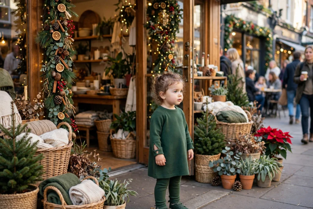 Toddler in a ponte tunic dress with thumbhole cuffs on a family outing