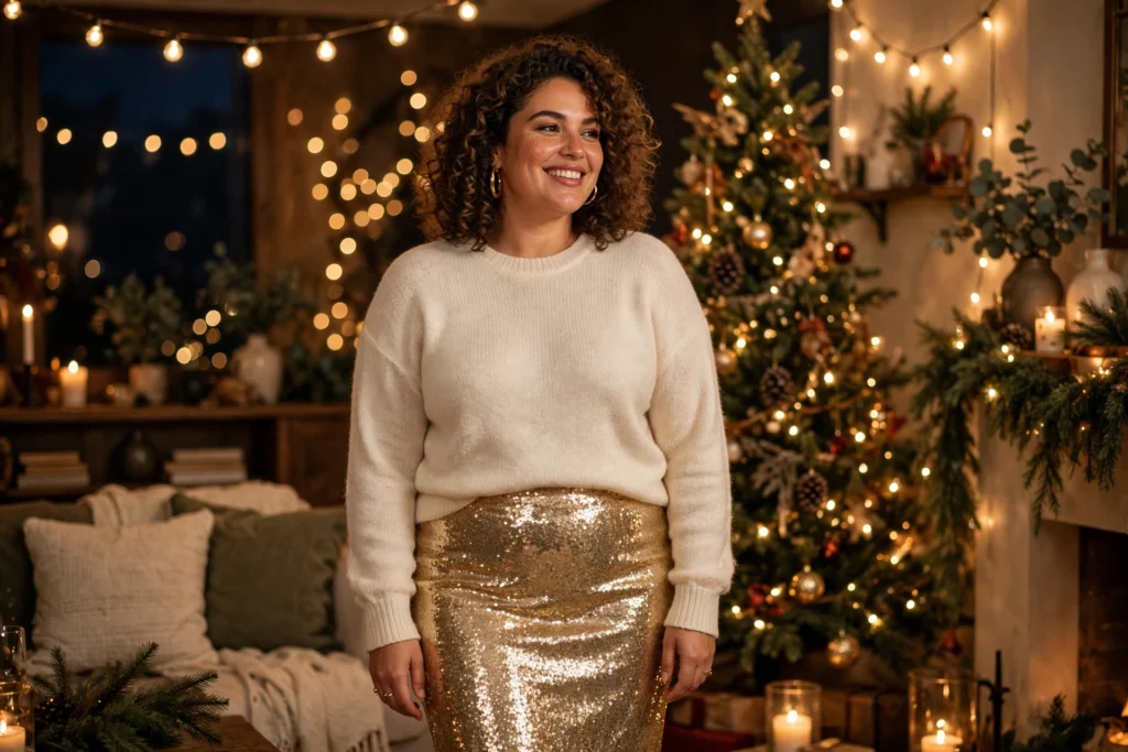 Plus Size Christmas Outfits That Fit and Flatter 15 Woman in a gold sequin pencil skirt and cream knit top at a party