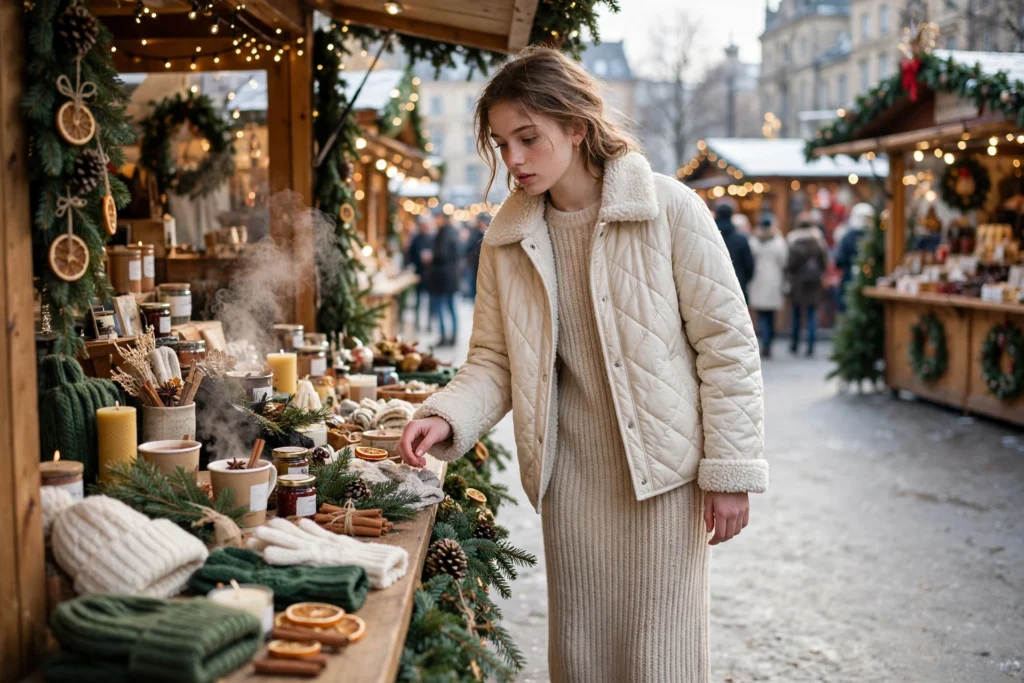 Teen in a sherpa jacket and knit dress browsing stalls at a Christmas market.