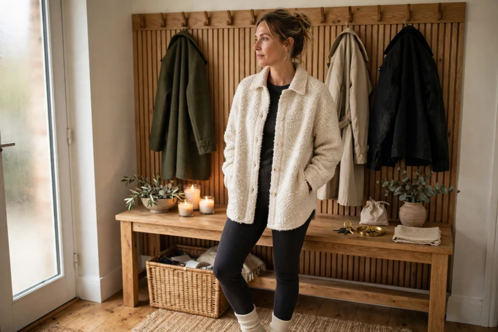 Woman in a cream boucle shacket over ribbed leggings standing indoors.
